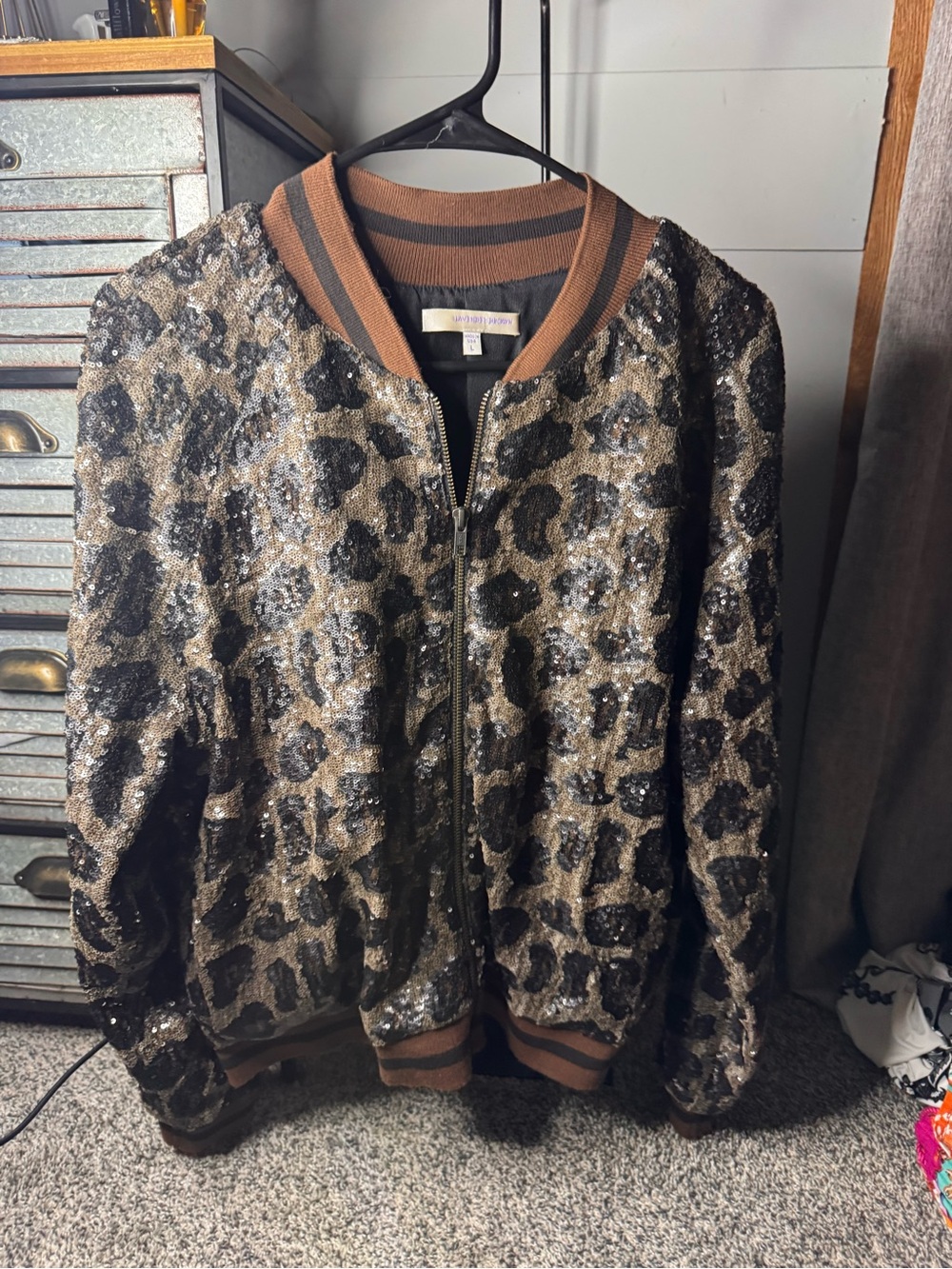 Lavender Brown Sequin Leopard Bomber Jacket in Brown and Black